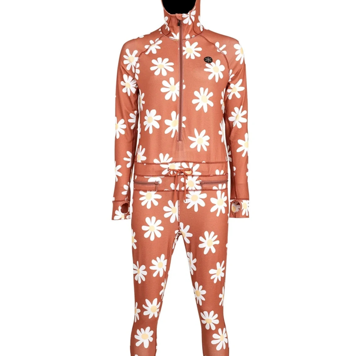 Airblaster Women's Classic Ninja Suit 2025 - A salmon-colored onesie with a hood and white daisy print.
