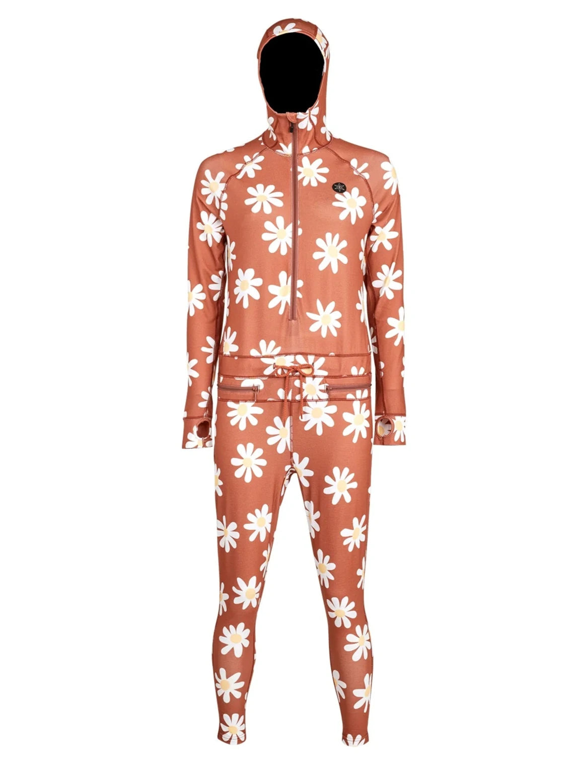Airblaster Women's Classic Ninja Suit 2025 - A salmon-colored onesie with a hood and white daisy print.