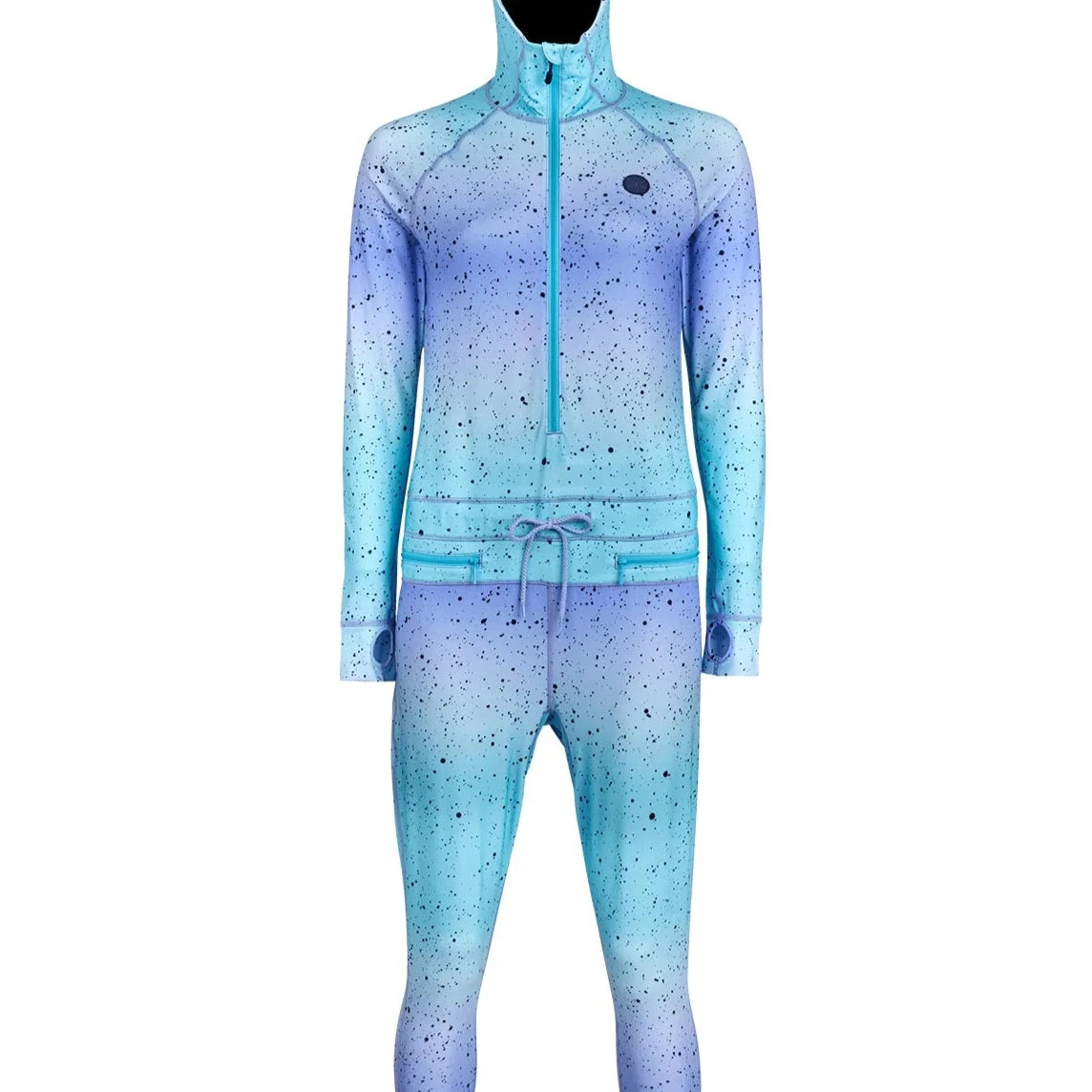 Airblaster Women's Classic Ninja Suit 2025 - A light blue and purple gradient ninja suit with black speckles, featuring a hood and zipper up the front.