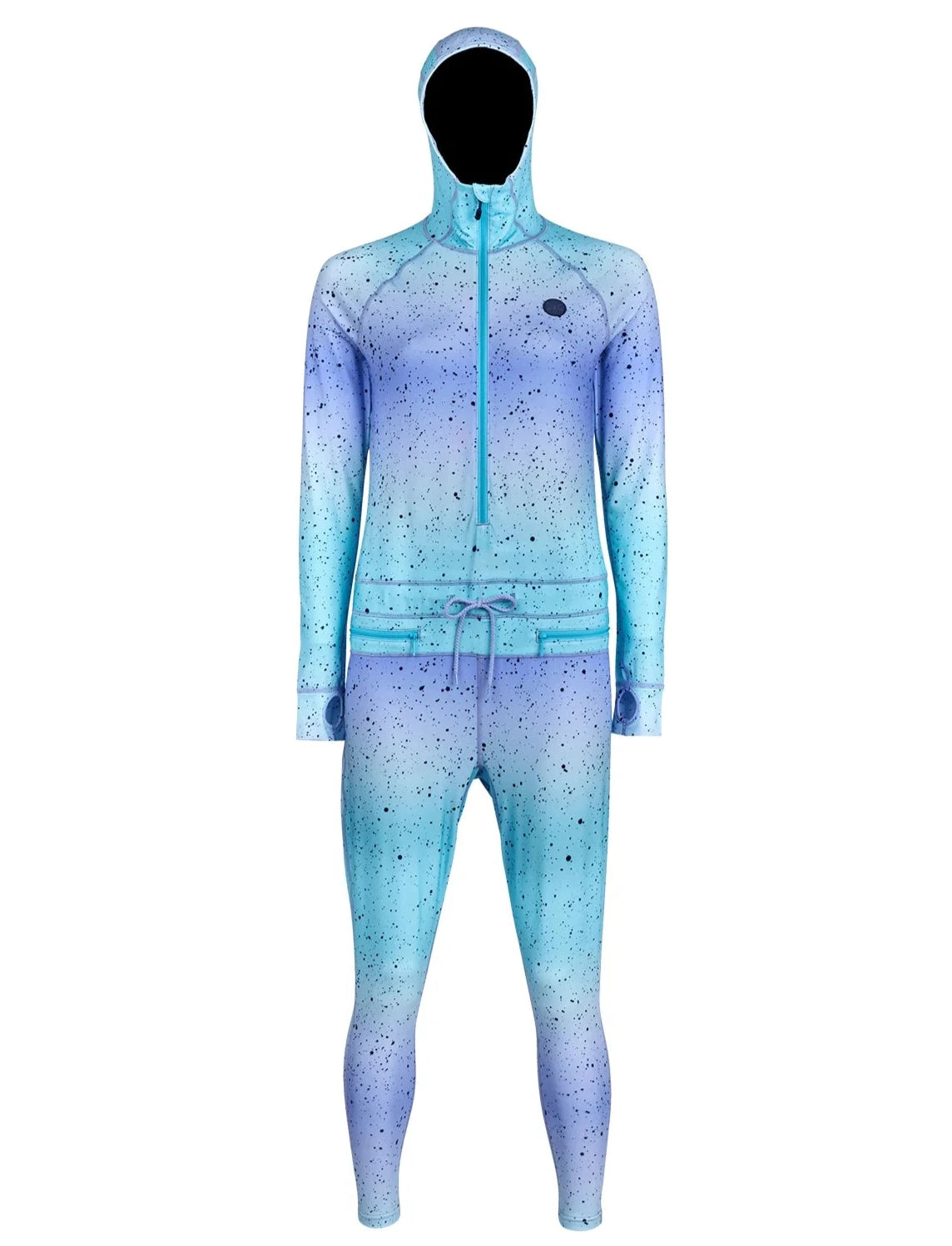 Airblaster Women's Classic Ninja Suit 2025 - A light blue and purple gradient ninja suit with black speckles, featuring a hood and zipper up the front.