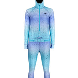 Airblaster Women's Classic Ninja Suit 2025 - A light blue and purple gradient ninja suit with black speckles, featuring a hood and zipper up the front.