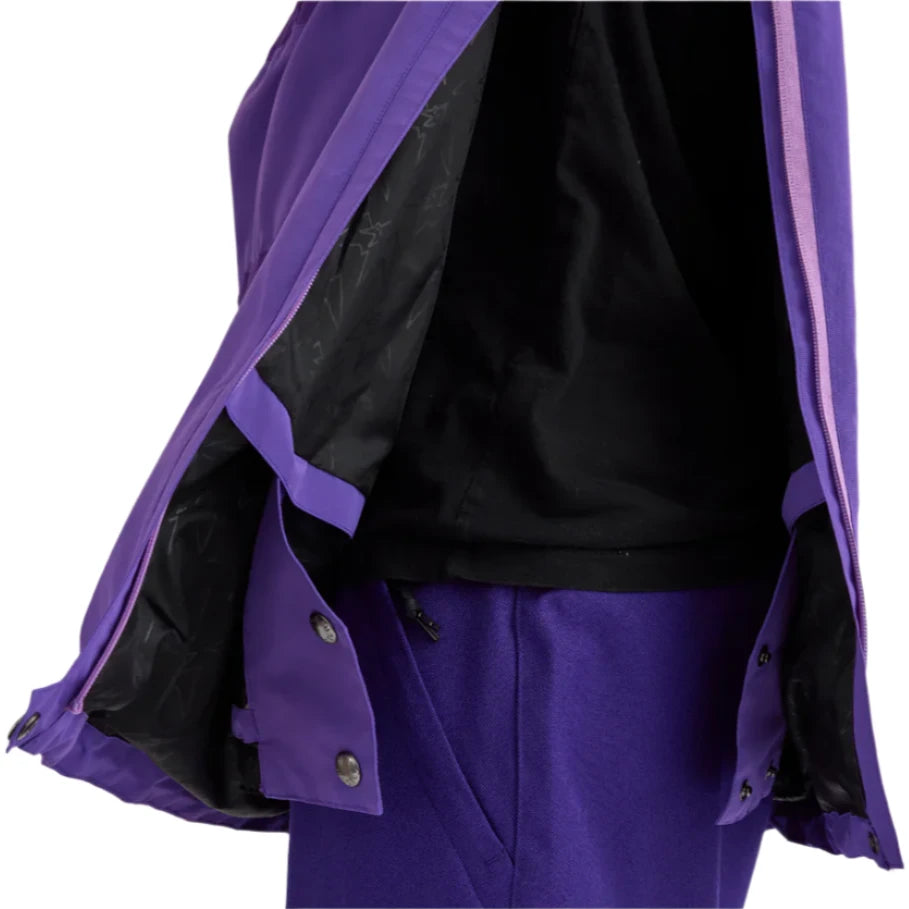 Airblaster Women's Nai Freedom Shell Pullover 2025 - A purple pullover jacket with a zipper and snap buttons, featuring a black lining.