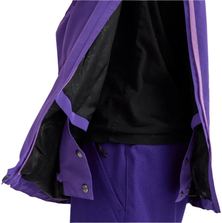 Airblaster Women's Nai Freedom Shell Pullover 2025 - A purple pullover jacket with a zipper and snap buttons, featuring a black lining.
