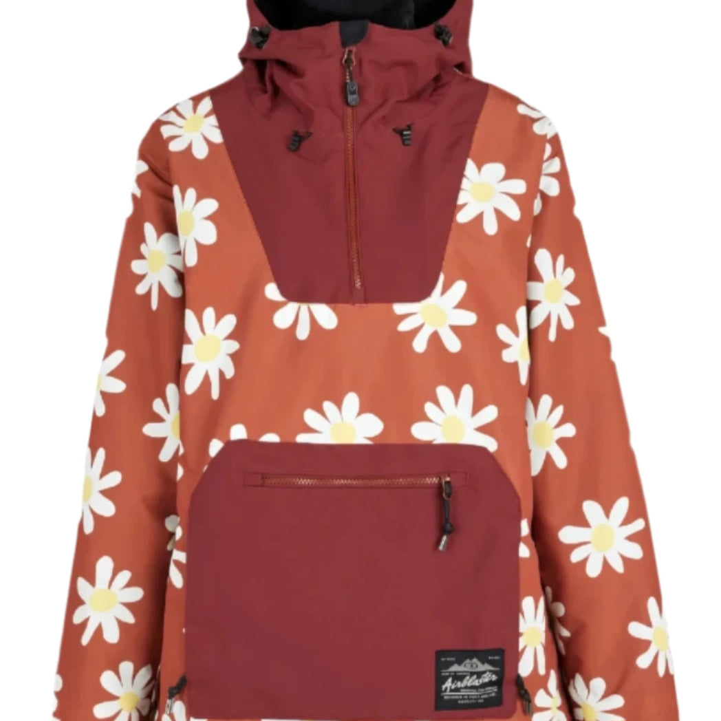 Airblaster Women's Freedom Pullover Jacket 2025 - A burnt orange jacket with white daisies and a yellow center, featuring black zippers on the chest and hood.