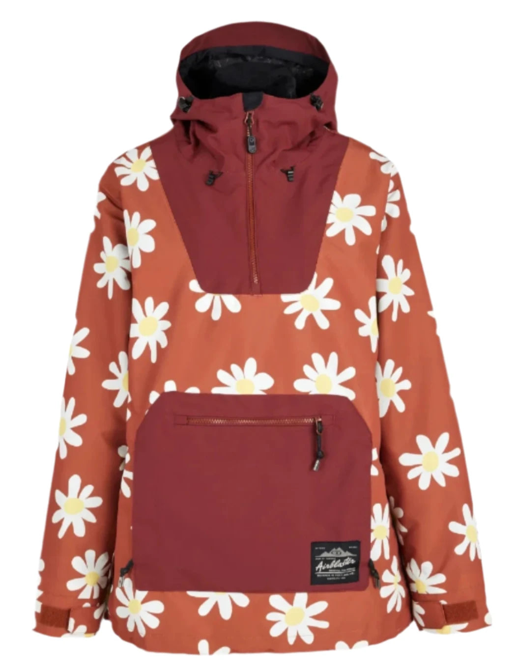 Airblaster Women's Freedom Pullover Jacket 2025 - A burnt orange jacket with white daisies and a yellow center, featuring black zippers on the chest and hood.