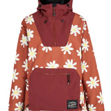 Airblaster Women's Freedom Pullover Jacket 2025 - A burnt orange jacket with white daisies and a yellow center, featuring black zippers on the chest and hood.