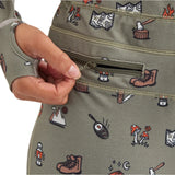 Airblaster Women's Hoodless Ninja Suit 2025 - A sage green onesie with a repeating pattern of brown and white snowboard boots, featuring a zipper on the front.