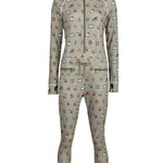 Airblaster Women's Hoodless Ninja Suit 2025 - A sage green onesie with a repeating pattern of various ski and snowboard-related icons, including skis, helmets, goggles, and more.