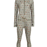 Airblaster Women's Hoodless Ninja Suit 2025 - A sage green onesie with a repeating pattern of various ski and snowboard-related icons, including skis, helmets, goggles, and more.