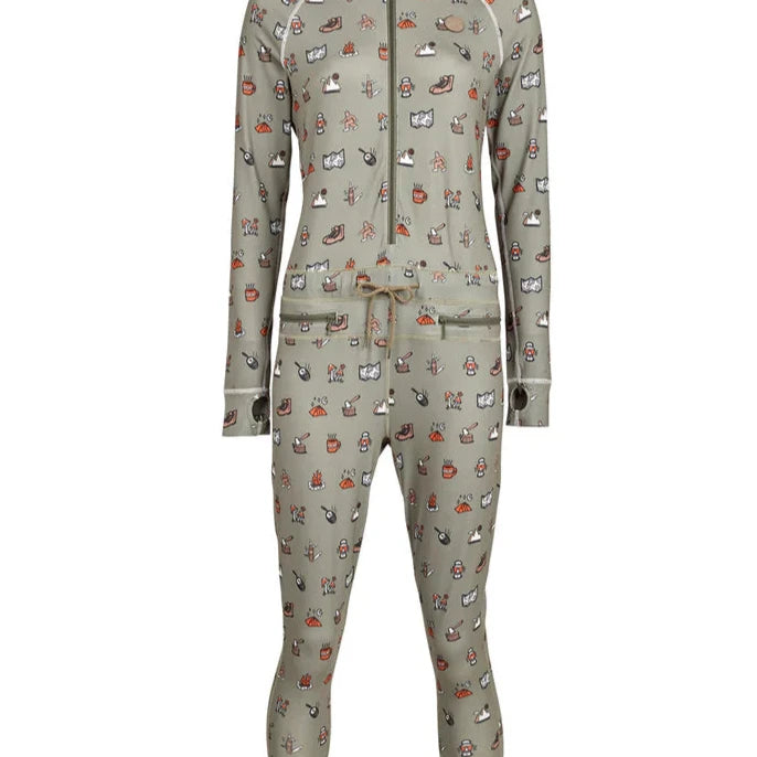 Airblaster Women's Hoodless Ninja Suit 2025 - A sage green onesie with a repeating pattern of various ski and snowboard-related icons, including skis, helmets, goggles, and more.