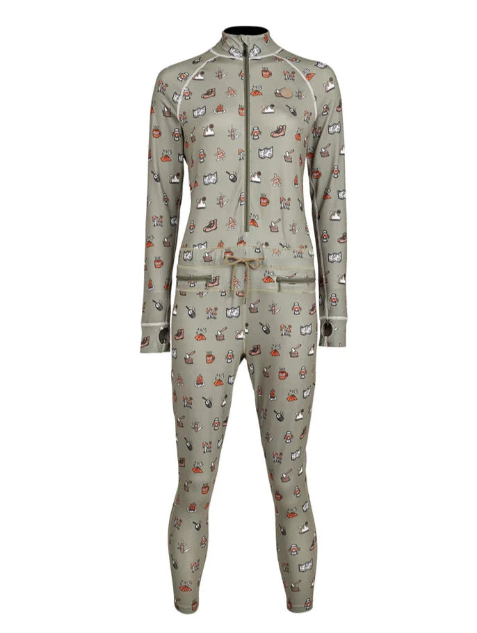 Airblaster Women's Hoodless Ninja Suit 2025 - A sage green onesie with a repeating pattern of various ski and snowboard-related icons, including skis, helmets, goggles, and more.