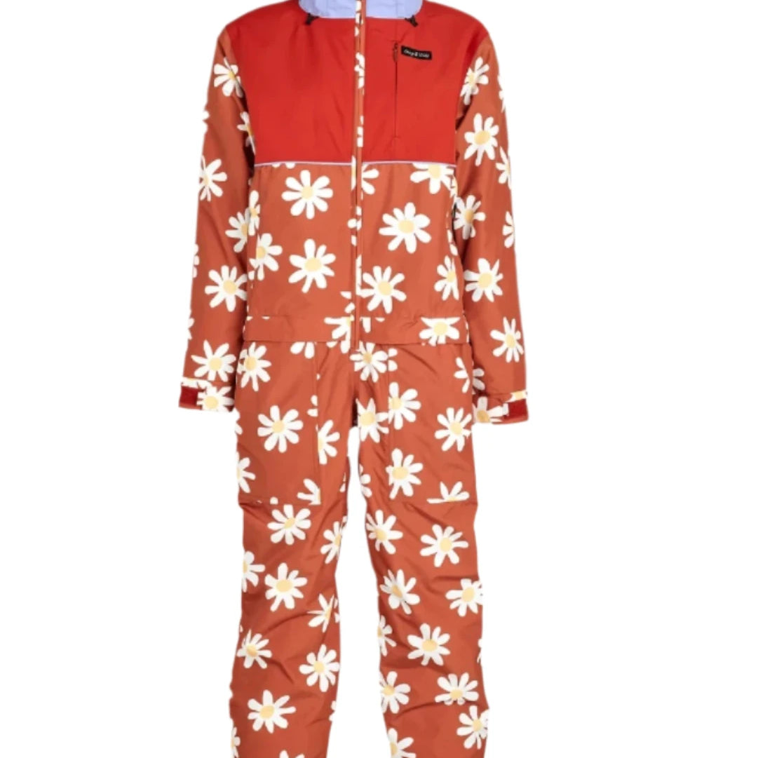 Airblaster Women's Insulated Freedom Suit 2025 - A salmon-colored snowsuit with a white daisy pattern and a black logo on the chest.