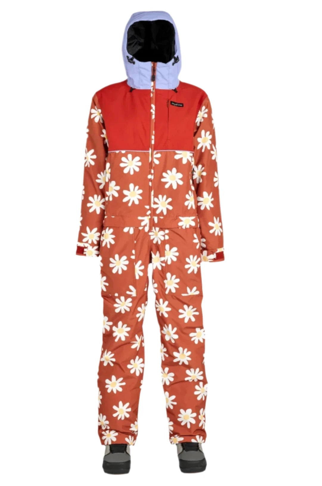 Airblaster Women's Insulated Freedom Suit 2025 - A salmon-colored snowsuit with a white daisy pattern and a black logo on the chest.