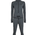 Airblaster Women's Merino Ninja Suit 2025 - A heathered grey women's full-body suit with a hood and thumbholes, featuring a small embroidered logo on the left chest.
