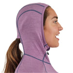 Airblaster Women's Merino Ninja Suit 2025 - A heathered purple merino wool suit with a hood and black drawstring.