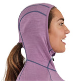 Airblaster Women's Merino Ninja Suit 2025 - A heathered purple merino wool suit with a hood and black drawstring.