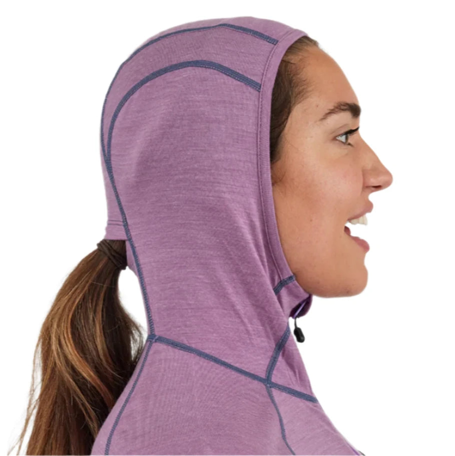 Airblaster Women's Merino Ninja Suit 2025 - A heathered purple merino wool suit with a hood and black drawstring.