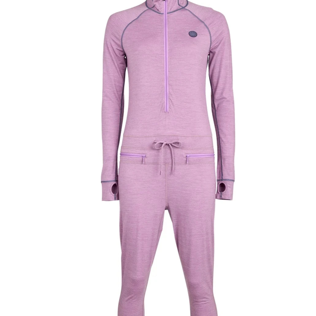 Airblaster Women's Merino Ninja Suit 2025 - A heathered purple women's full-body suit with a hood and thumbholes, featuring a small black logo on the left chest area.
