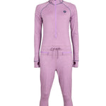 Airblaster Women's Merino Ninja Suit 2025 - A heathered purple women's full-body suit with a hood and thumbholes, featuring a small black logo on the left chest area.