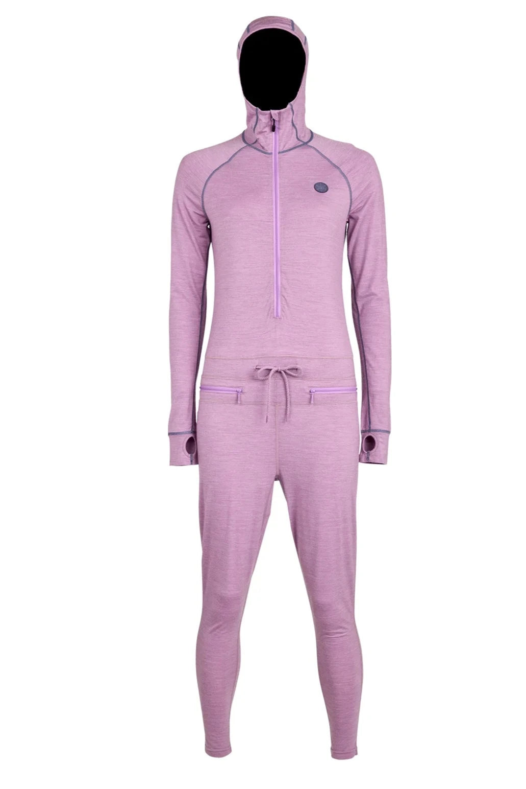 Airblaster Women's Merino Ninja Suit 2025 - A heathered purple women's full-body suit with a hood and thumbholes, featuring a small black logo on the left chest area.