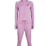 Airblaster Women's Merino Ninja Suit 2025 - A heathered purple women's full-body suit with a hood and thumbholes, featuring a small black logo on the left chest area.