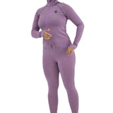 Airblaster Women's Merino Ninja Suit 2025 - A purple merino wool ninja suit with a hood and thumbholes, worn by a model without shoes or socks.