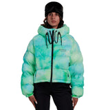 Whitespace Women's Cropped Puffer Jacket 2024 - A cropped-length puffer jacket with a hood, featuring a tie-dye pattern in shades of blue and green.