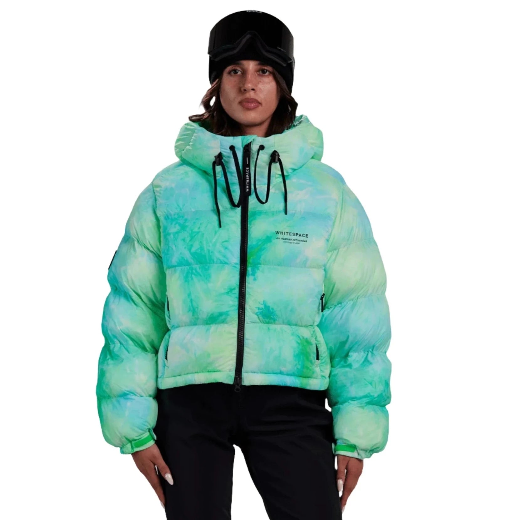Whitespace Women's Cropped Puffer Jacket 2024 - A cropped-length puffer jacket with a hood, featuring a tie-dye pattern in shades of blue and green.