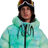 Whitespace Women's Cropped Puffer Jacket 2024 - A cropped puffer jacket with a hood in a light green and blue tie-dye pattern.