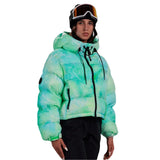Whitespace Women's Cropped Puffer Jacket 2024 - A cropped puffer jacket with a hood in a tie-dye pattern of mint green and light blue.