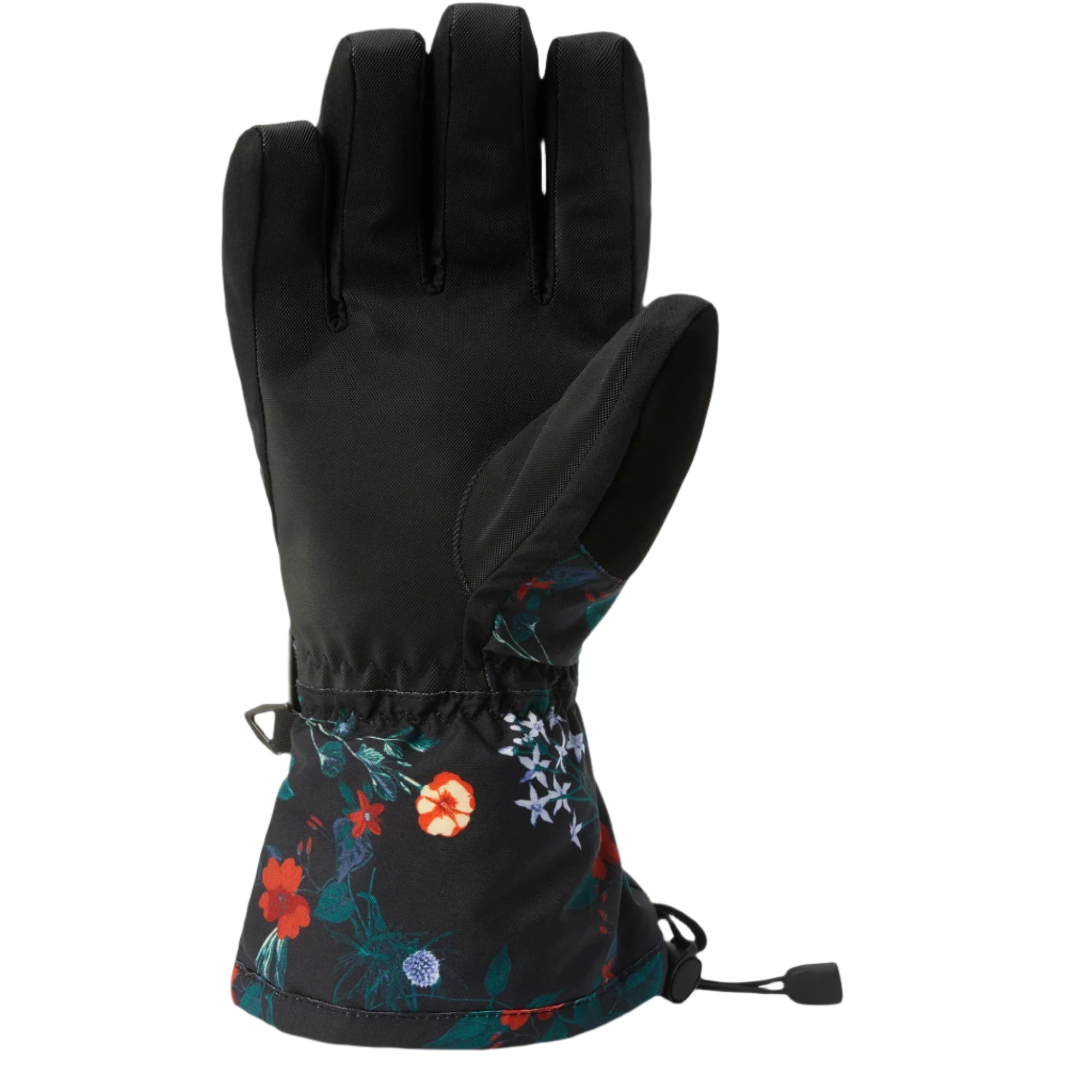 Dakine Women's Camino Glove - A black glove with a floral pattern on the wrist cuff, featuring red and purple flowers against a dark background.