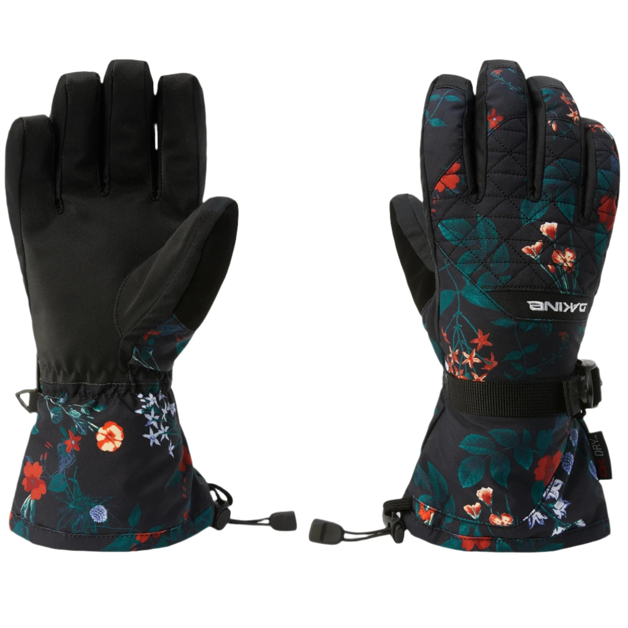 Dakine Women's Camino Glove - A black glove with a floral pattern of red, white, and blue flowers on the wrist cuff area.