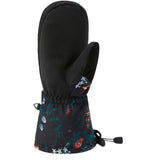Dakine Women's Camino Mitt - A black mitt with a floral pattern on the cuff and wrist strap, featuring white flowers with red centers and green leaves.