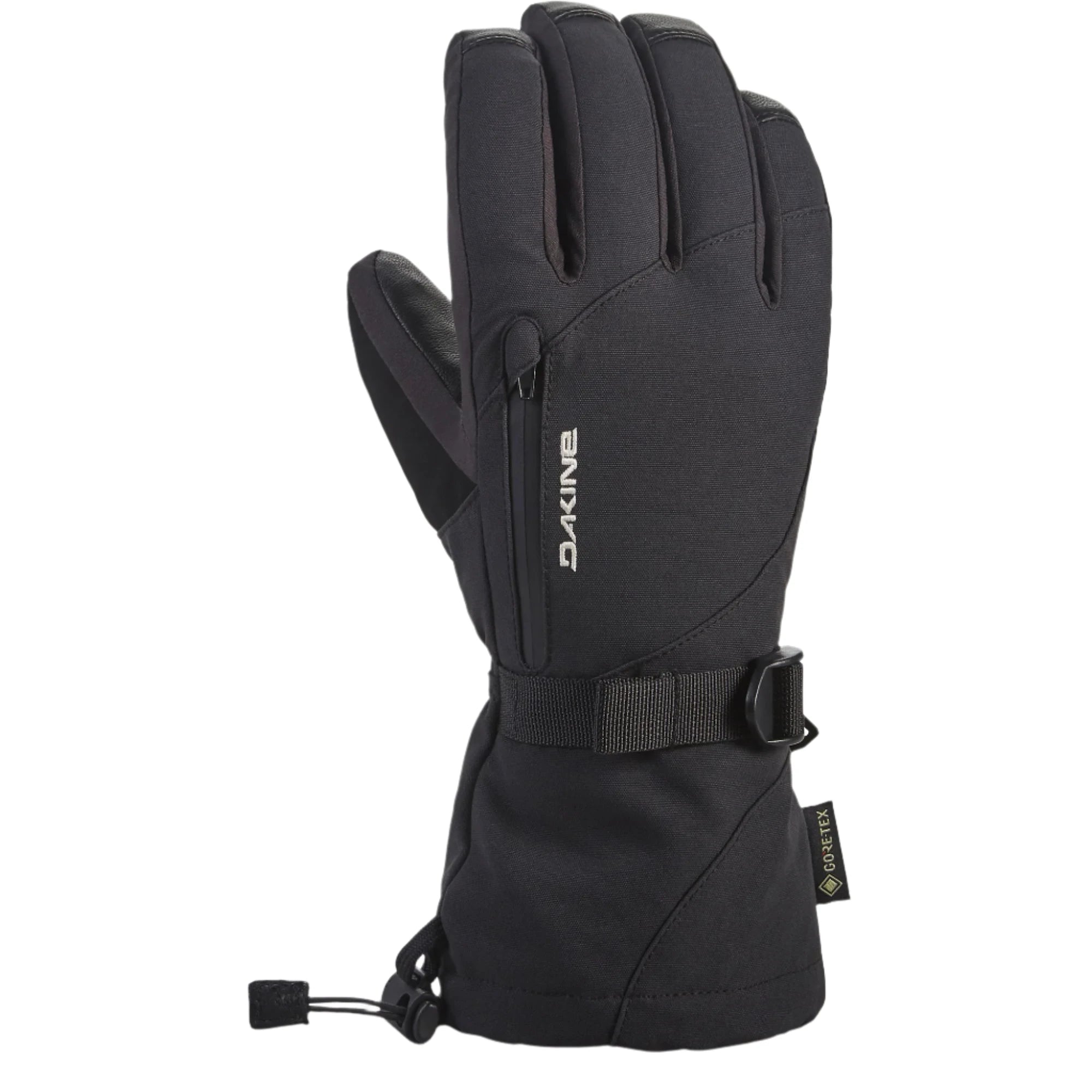 Dakine Women's Leather Sequoia Gore-Tex Glove - A black glove with a zippered pocket on the side and a strap closure at the wrist, featuring a leather palm and thumb.