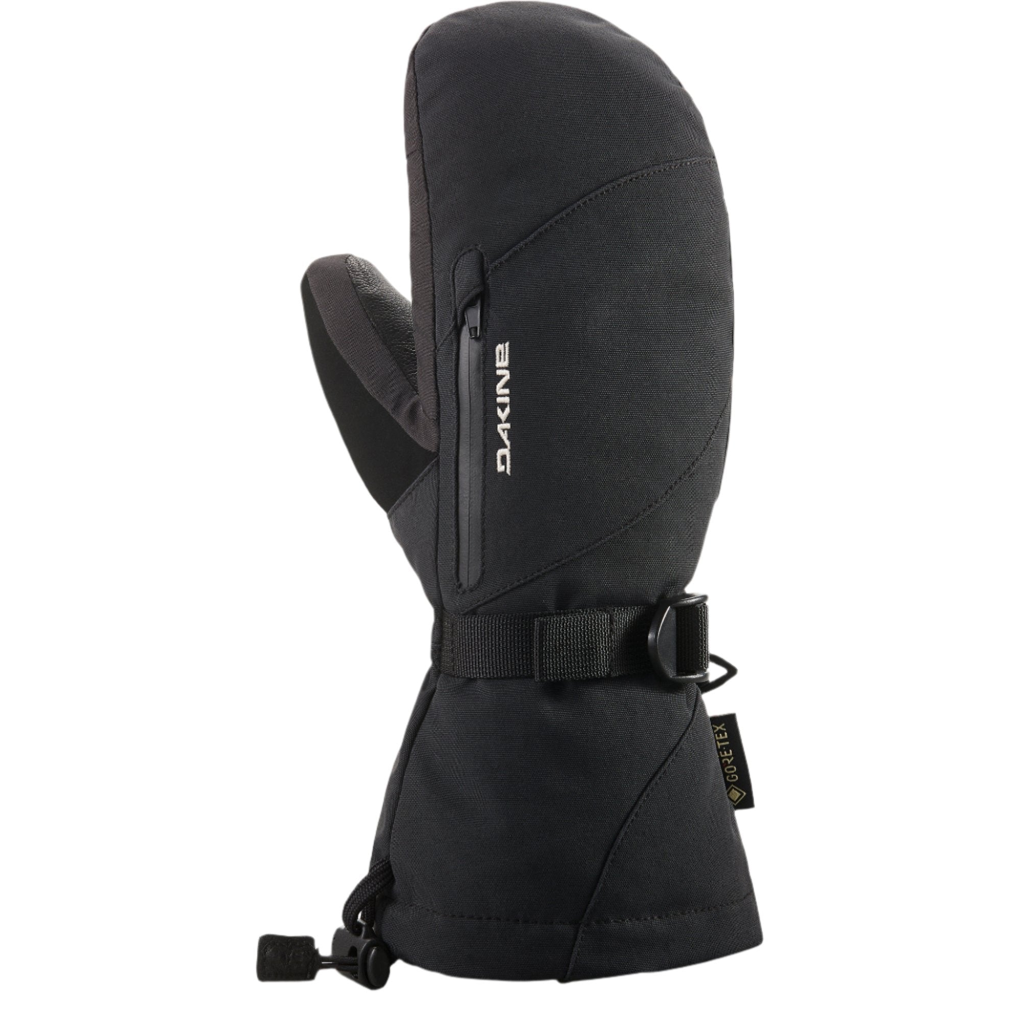 Dakine Women's Leather Sequoia Gore-Tex Mitt - A black mitt with a zippered pocket on the back of the hand, featuring a leather palm and thumb overlay.