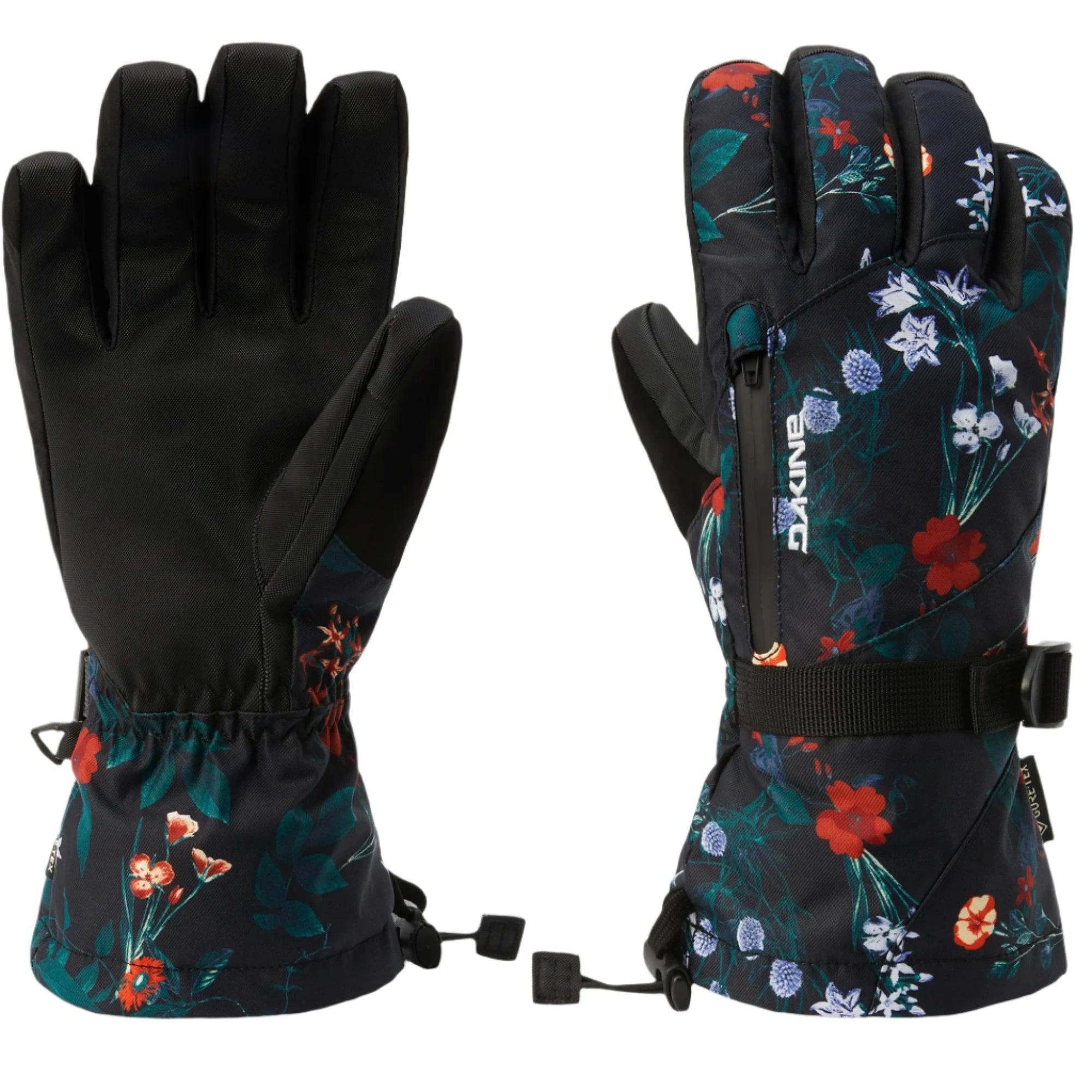 Dakine Women's Sequoia Gore-Tex Glove - A black glove with a floral pattern of red, white and blue flowers on the wrist cuff.