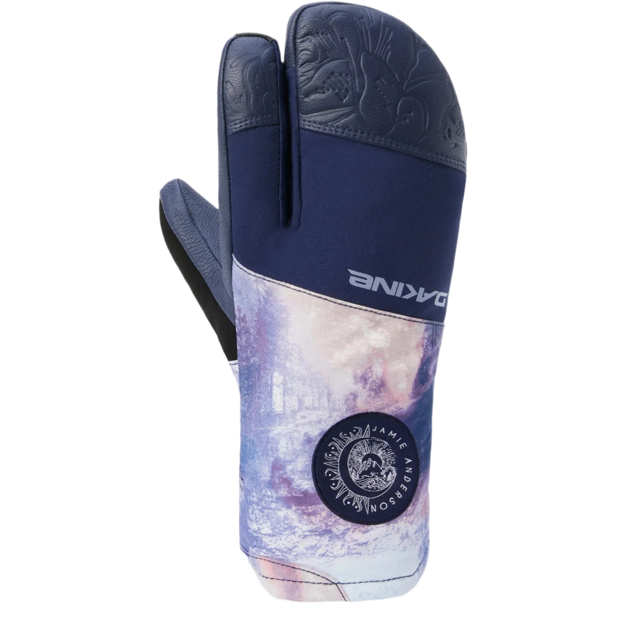 Dakine Women's Gore-tex Short Trigger Mitt - A navy blue mitt with a white logo on the wrist strap and a small, circular patch near the cuff featuring a woman riding a snowboard.
