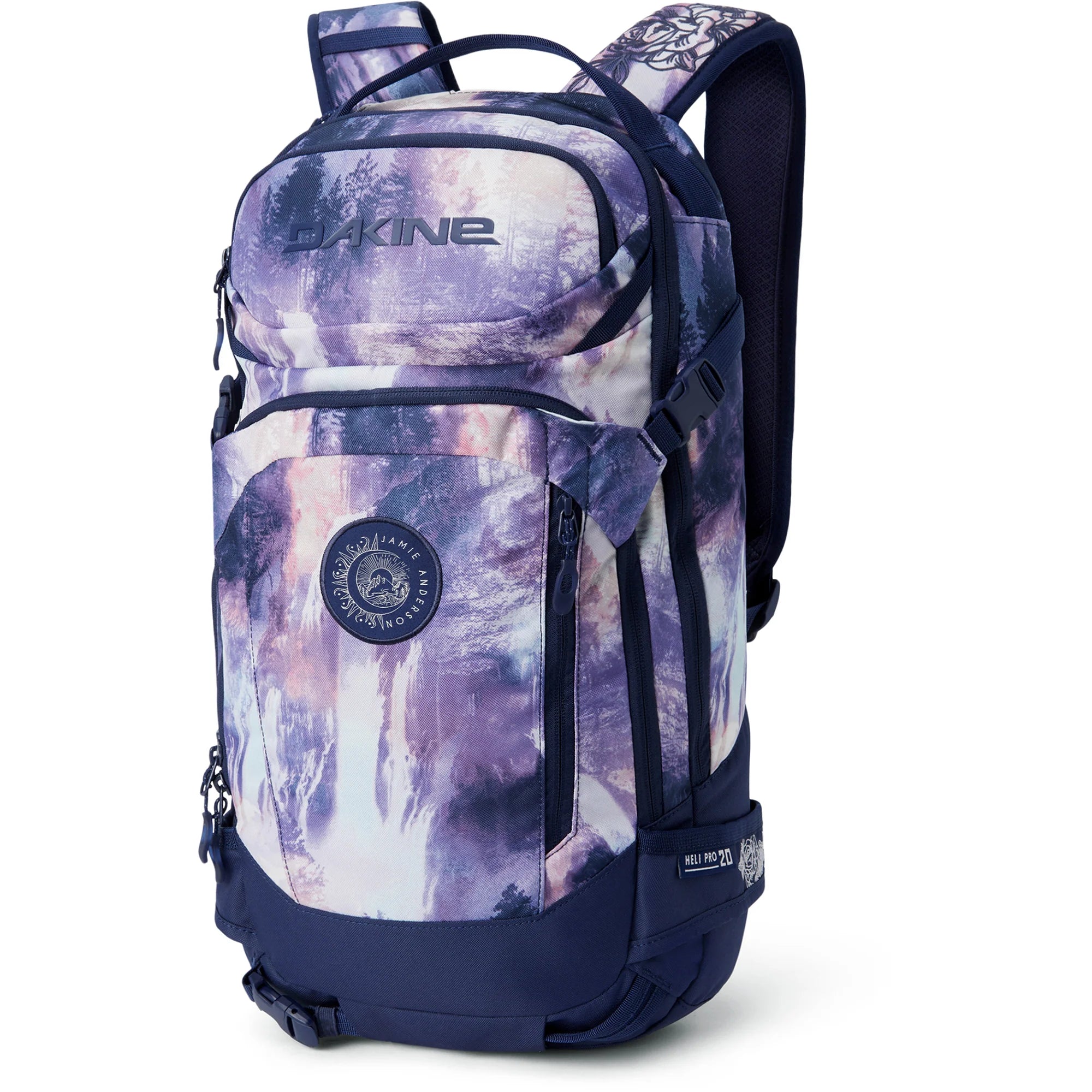 Dakine Women's Team Heli Pro 20L Backpack 2025 - A purple and white backpack with a forest scene design, featuring trees and mountains in shades of purple and pink.