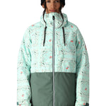 The 686 Women's Athena Insulated Jacket 2025 is predominantly light blue with dark green accents and features an insulated hood.