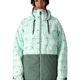 The 686 Women's Athena Insulated Jacket 2025 is predominantly light blue with dark green accents and features an insulated hood.