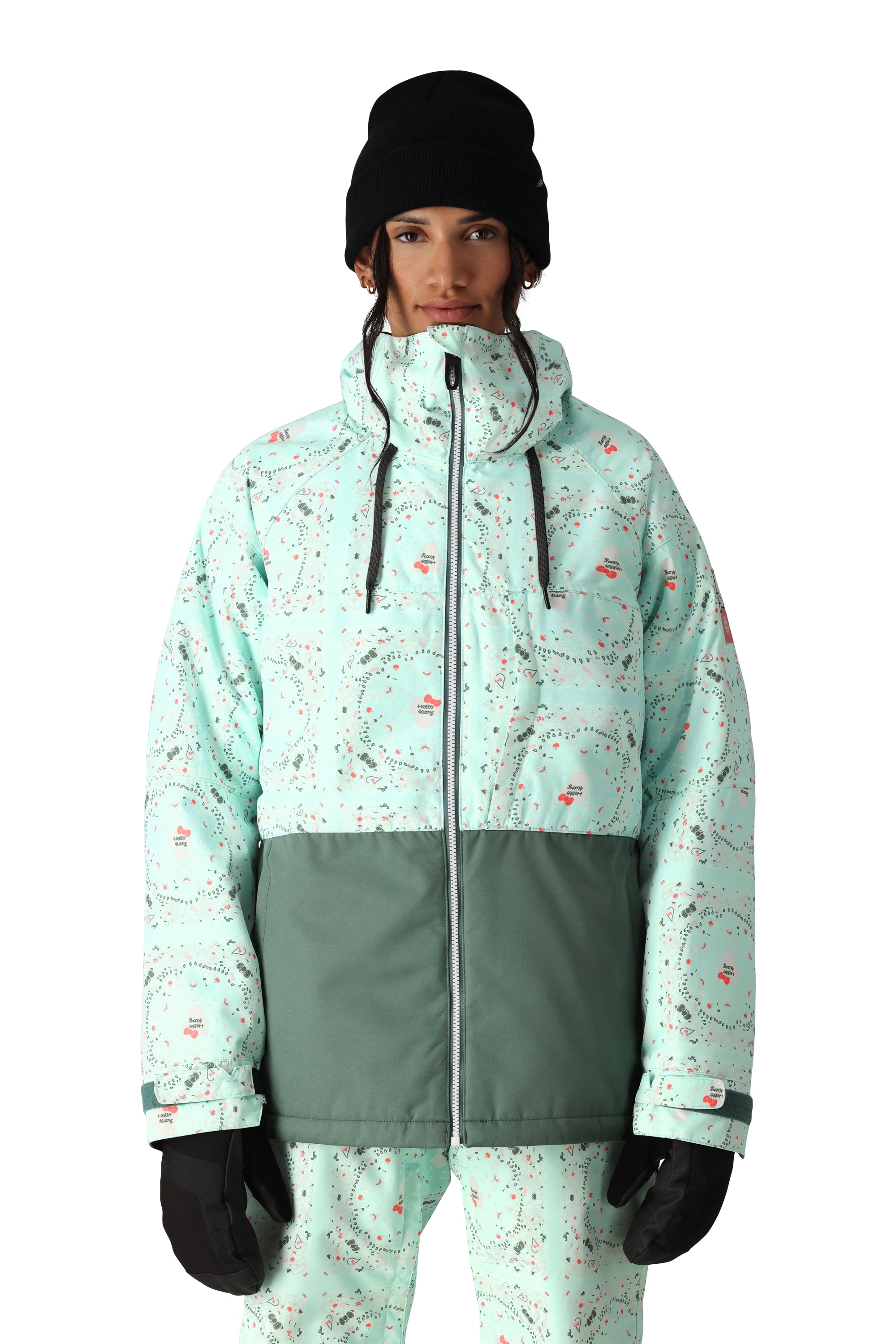 The 686 Women's Athena Insulated Jacket 2025 is predominantly light blue with dark green accents and features an insulated hood.