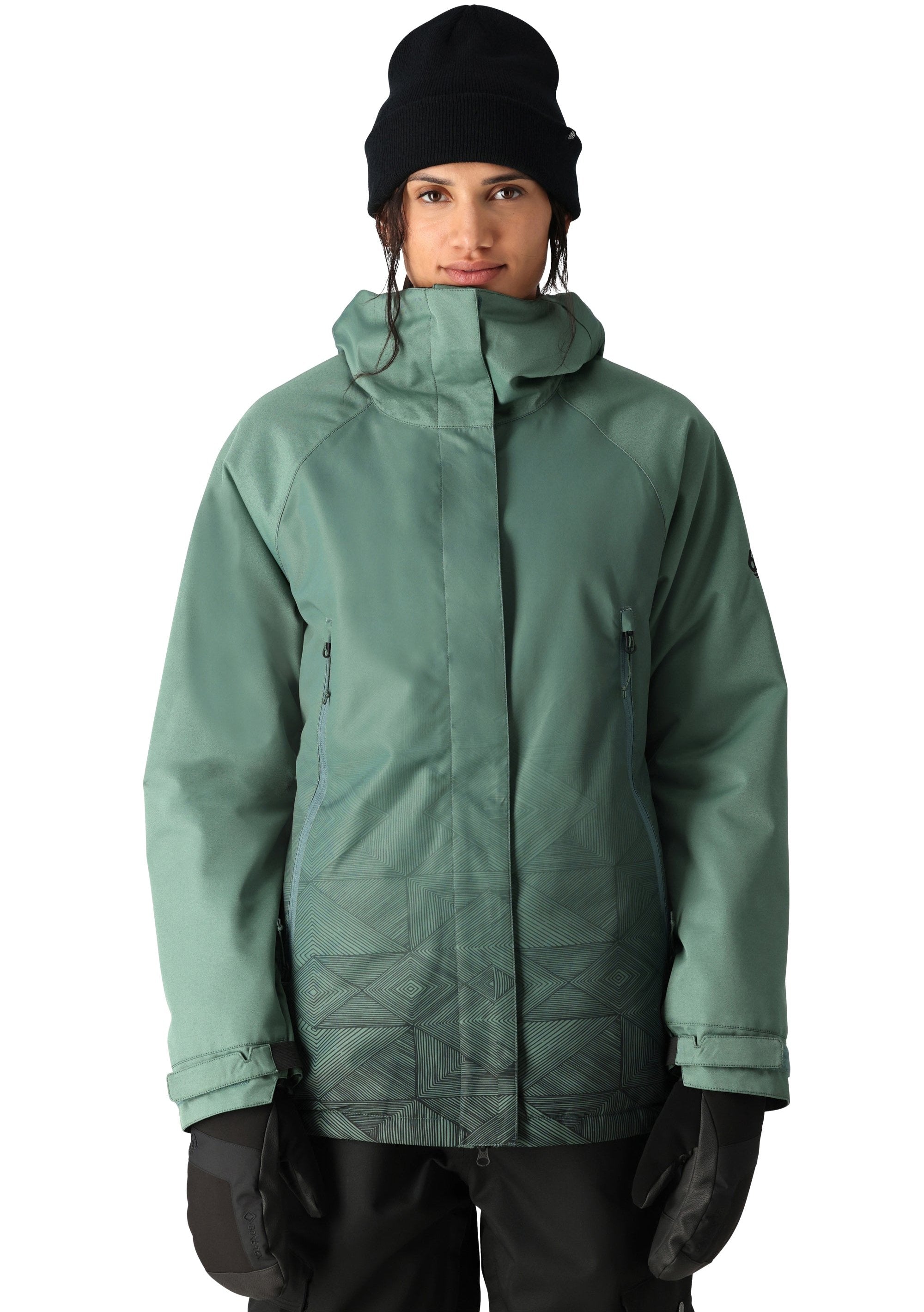 The 686 brand's Fantasia Insulated Jacket 2025 is primarily sage green with a darker sage green pattern on the lower front portion.
