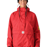 The 686 Women's Outline Shell Anorak has a red color with a black pattern and a hood.