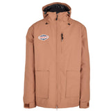 Airblaster Wrench Insulated Jacket 2025 - A tan jacket with a hood, featuring an Airblaster logo on the left chest and two zippered pockets at the waist.