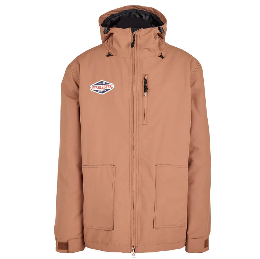Airblaster Wrench Insulated Jacket 2025 - A tan jacket with a hood, featuring an Airblaster logo on the left chest and two zippered pockets at the waist.