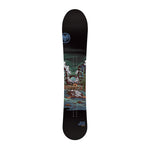 Never Summer Women's Harpoon Snowboard 2025 - A dark green snowboard with a white and brown graphic of a woman riding down a mountain.