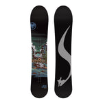 Never Summer Women's Harpoon Snowboard 2025 - A black snowboard with a colorful, abstract design featuring white clouds and orange flowers in front of a green mountain range.