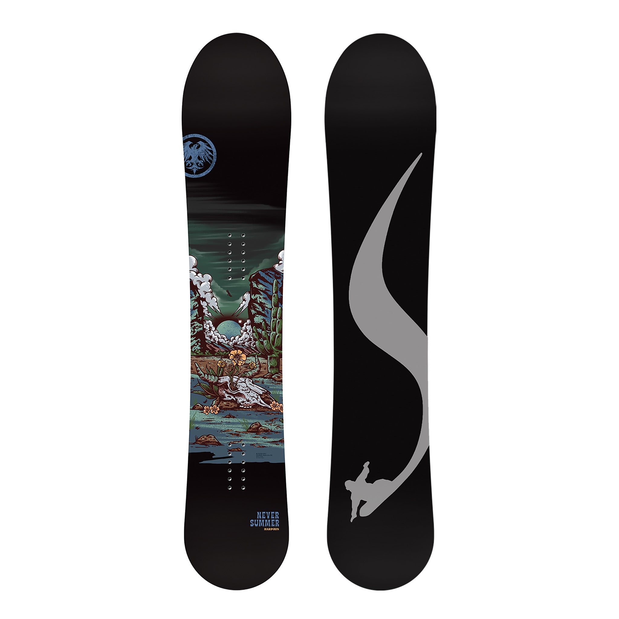 Never Summer Women's Harpoon Snowboard 2025 - A black snowboard with a colorful, abstract design featuring white clouds and orange flowers in front of a green mountain range.