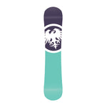 Never Summer Women's Proto Synthesis 2025 - A navy blue snowboard with a white bird graphic on top of it, featuring a light teal stripe at the bottom.