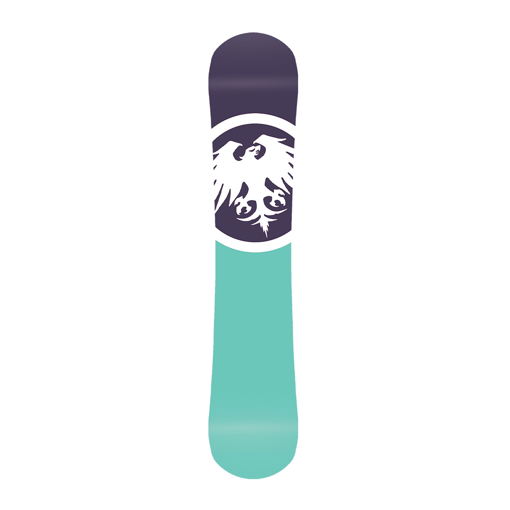Never Summer Women's Proto Synthesis 2025 - A navy blue snowboard with a white bird graphic on top of it, featuring a light teal stripe at the bottom.